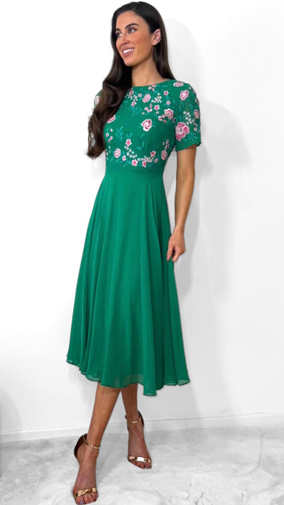 Green Embroidered Flare Dresses ...